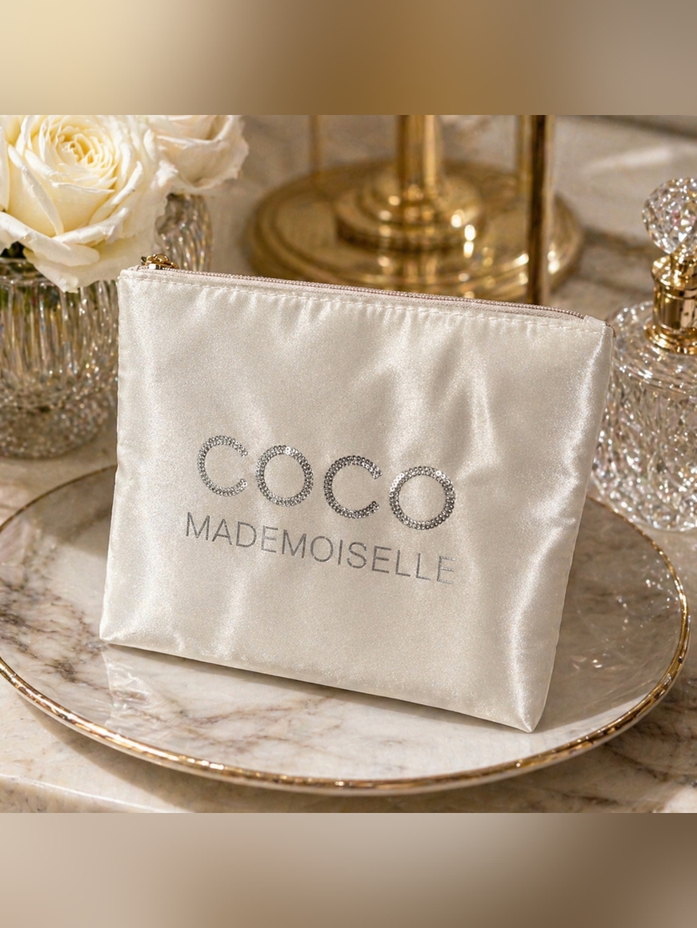 COCO Mademoiselle Satin Cosmetic Pouch - Ivory